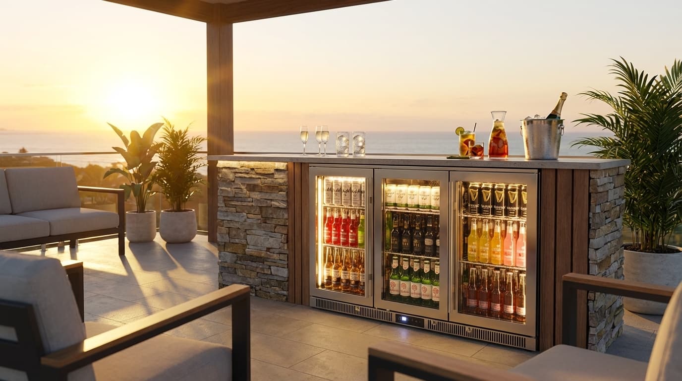 Rhino ENV outdoor bar fridge built into a premium alfresco kitchen at sunset