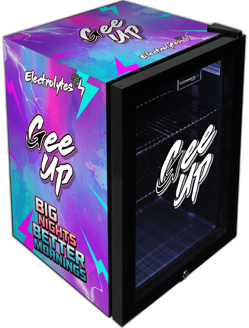 Gee Up custom branded compact bar fridge with neon gradient vinyl wrap