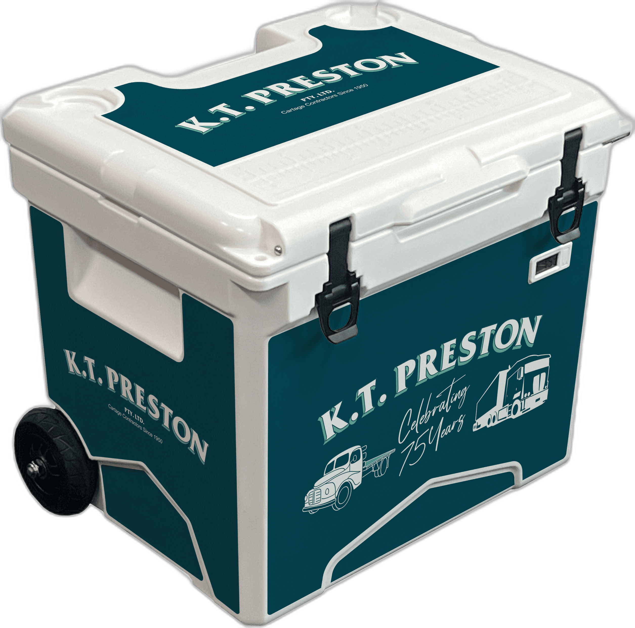 K.T. Preston 75th anniversary branded wheeled cooler with vintage truck design