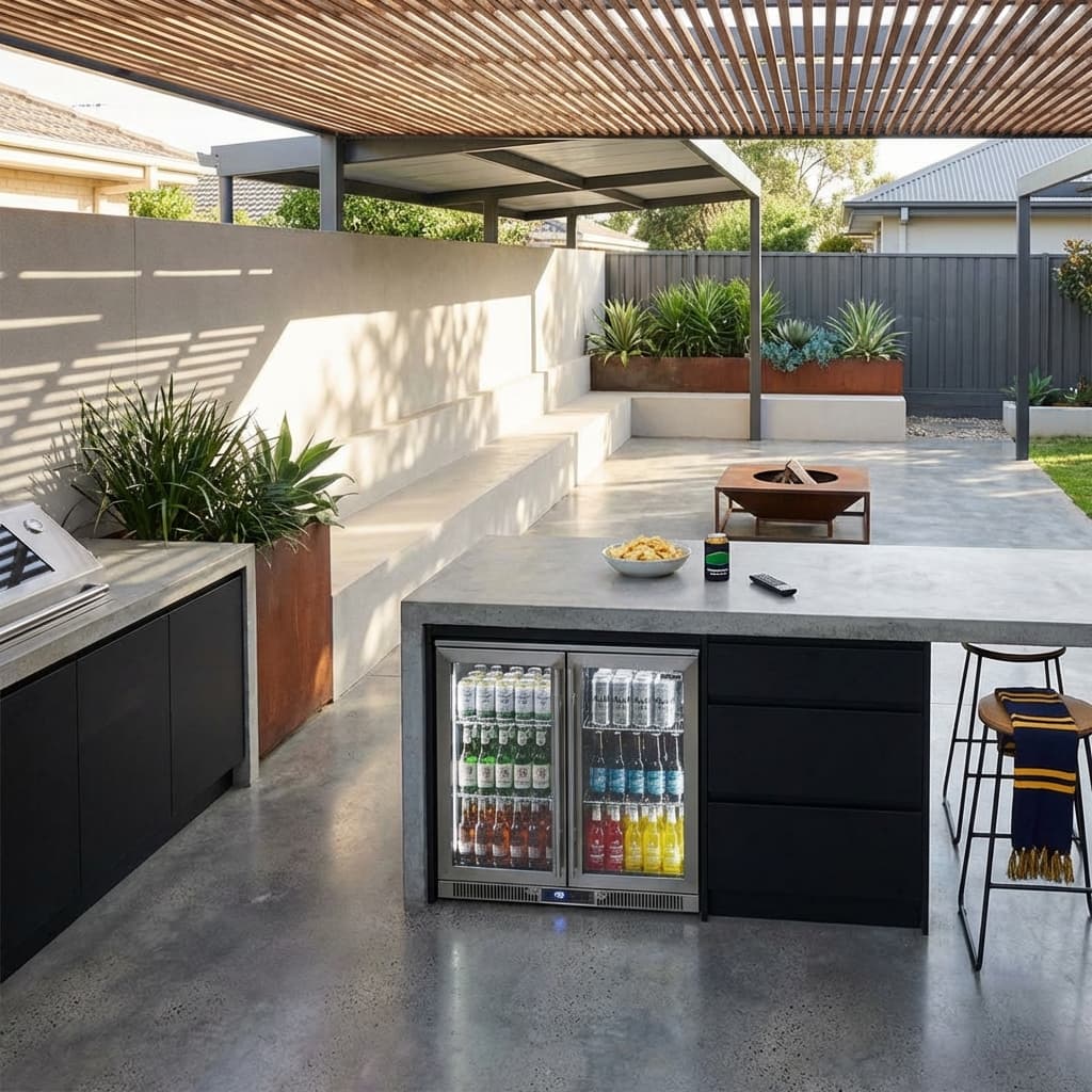 Outdoor Rhino ENVY Bar Fridge Coldest Beer 43ºC+ Best Alfresco 316 Marine Grade Stainless Quiet With No Condensation - Model ENV2H-SS styled in outdoor entertaining setting